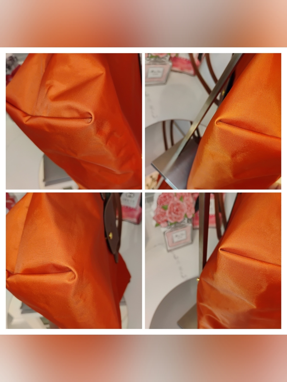 Longchamp Classic Nylon Tote - Orange with Cognac Leather Trim & GHW - Picture 7 of 15